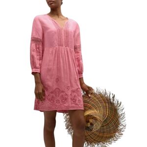 Tommy Bahama St. Lucia Linen Blend Spilt Neck Mini Dress Small Coral Coast Pink